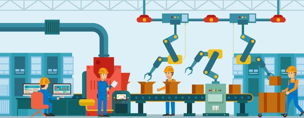 Pessoas trabalhando em fabrica robotizada