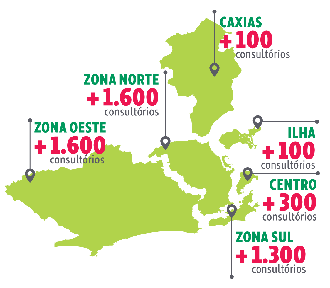 Mapa com as regiões do Rio de Janeiro e seu número de Consultórios de Cooperados Unimed-Rio